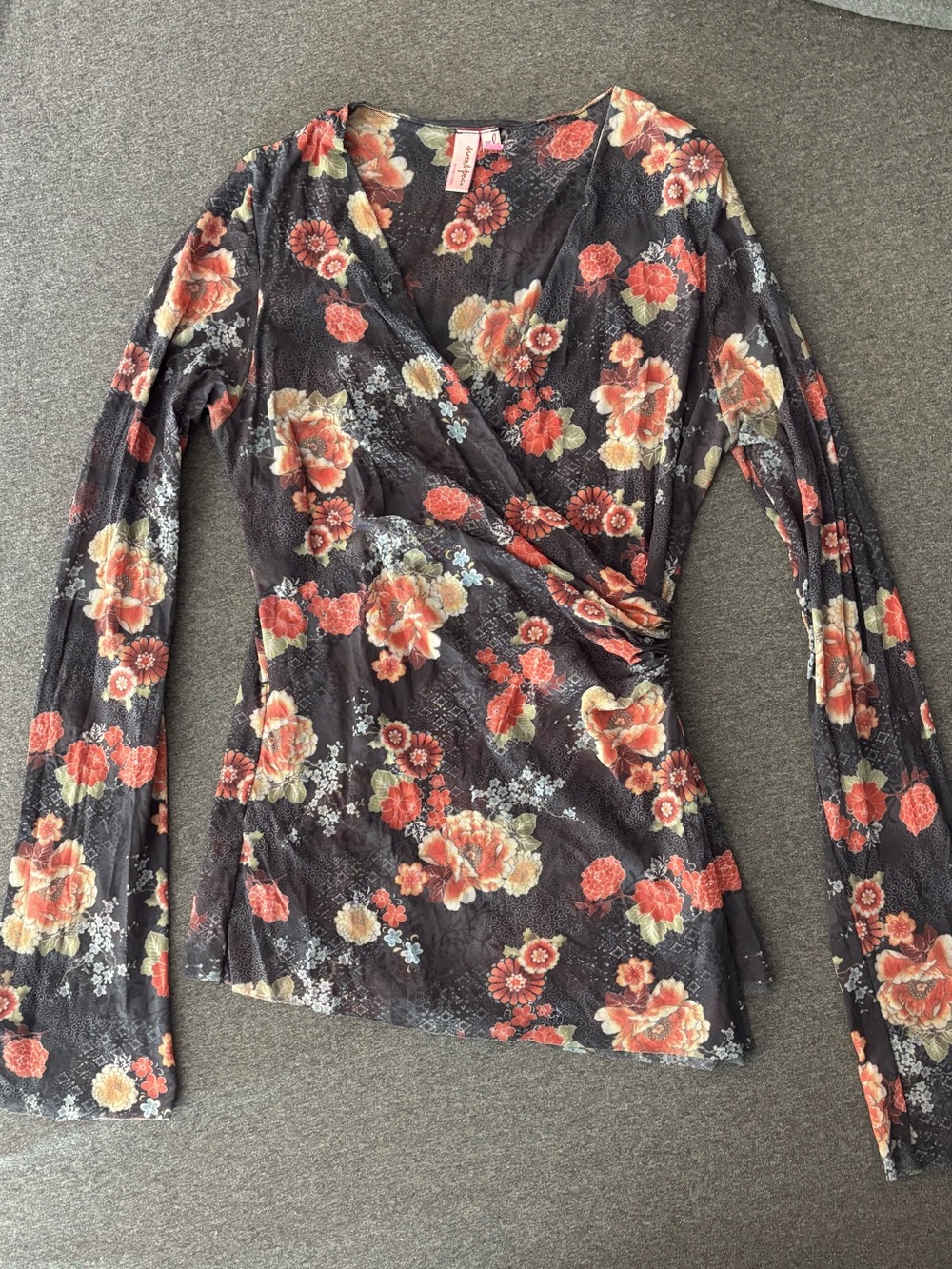 Sweet Pea Black Floral Wrap-Front Long Sleeve Top - Picture 4 of 10
